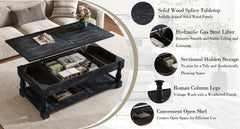 Farmhouse Lift Top Coffee Table with Fixed Shelf - 3 Hidden Storage Trays, Handsomely Crafted in Weathered Black Finish, Versatile Two-Tier Living Room Table
