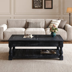 Farmhouse Lift Top Coffee Table with Fixed Shelf - 3 Hidden Storage Trays, Handsomely Crafted in Weathered Black Finish, Versatile Two-Tier Living Room Table