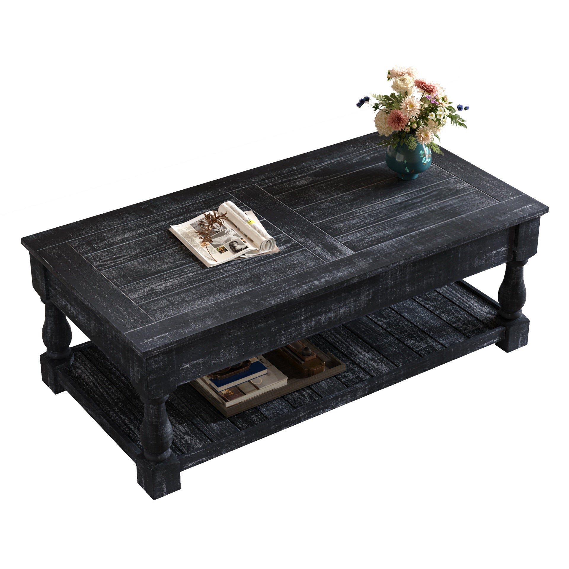 Farmhouse Lift Top Coffee Table with Fixed Shelf - 3 Hidden Storage Trays, Handsomely Crafted in Weathered Black Finish, Versatile Two-Tier Living Room Table