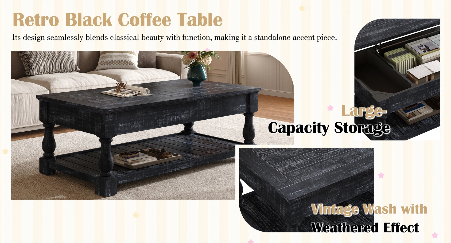 Farmhouse Lift Top Coffee Table with Fixed Shelf - 3 Hidden Storage Trays, Handsomely Crafted in Weathered Black Finish, Versatile Two-Tier Living Room Table