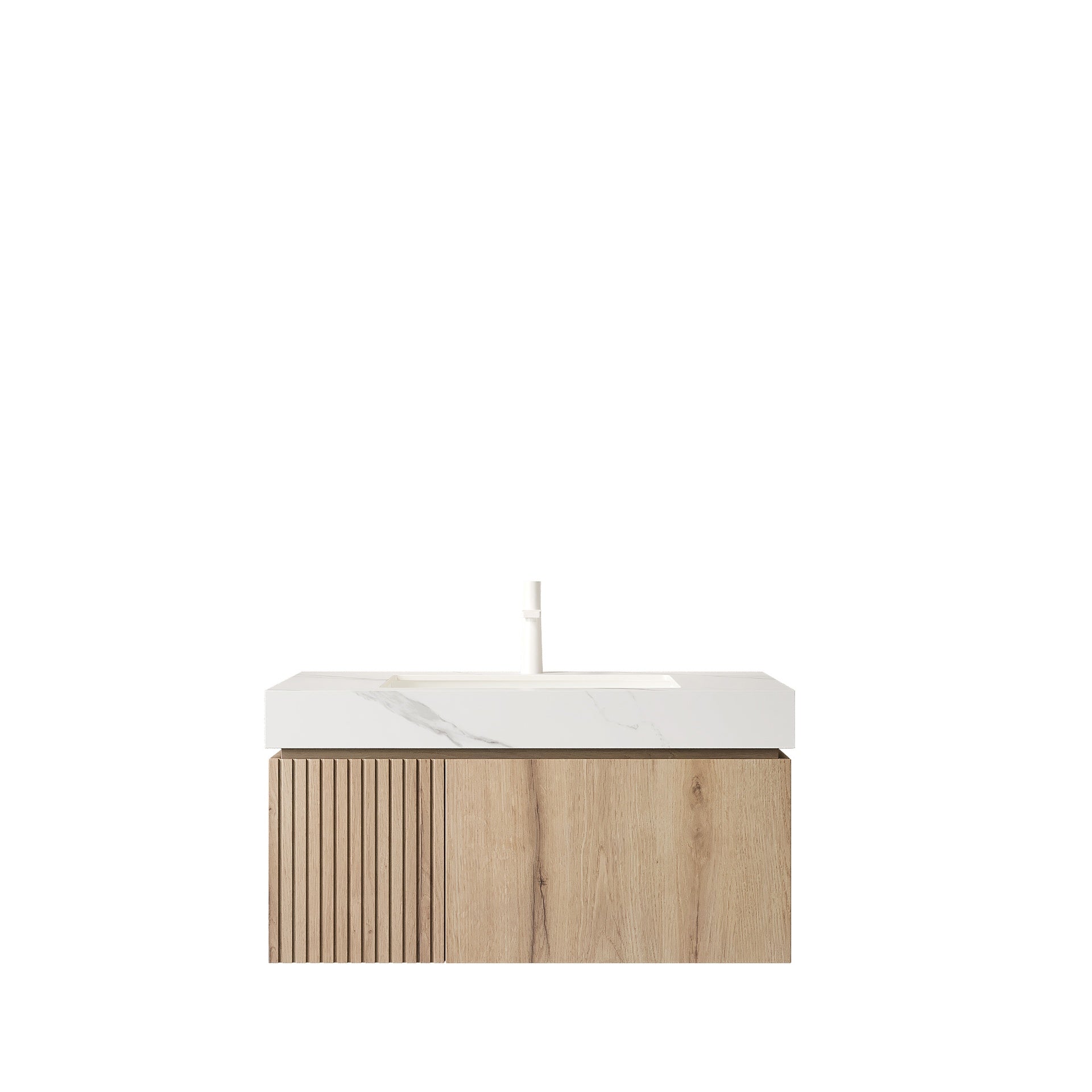 MURI 36" Bathroom Vanity&Sink, Floating Plywood Storage Cabinet with Drawer&Door, Carrara White Sintered Stone Top&Ceramic Basin with 1 Pre-drilled Faucet Hole, Pre-assembled, White Oak Woodgrain