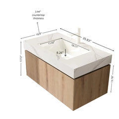 MURI 36" Bathroom Vanity&Sink, Floating Plywood Storage Cabinet with Drawer&Door, Carrara White Sintered Stone Top&Ceramic Basin with 1 Pre-drilled Faucet Hole, Pre-assembled, White Oak Woodgrain