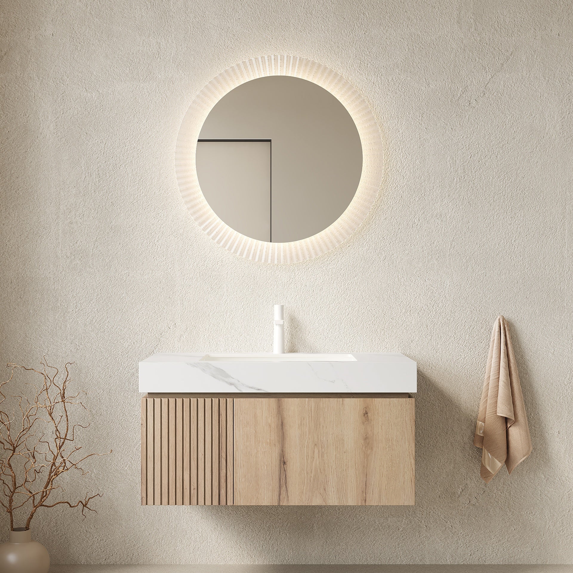 MURI 36" Bathroom Vanity&Sink, Floating Plywood Storage Cabinet with Drawer&Door, Carrara White Sintered Stone Top&Ceramic Basin with 1 Pre-drilled Faucet Hole, Pre-assembled, White Oak Woodgrain