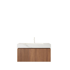 MURI 36" Bathroom Vanity&Sink, Floating Plywood Storage Cabinet with Drawer&Door, Carrara White Sintered Stone Top&Ceramic Basin with 1 Pre-drilled Faucet Hole, Pre-assembled, Brown Oak Woodgrain