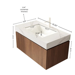 MURI 36" Bathroom Vanity&Sink, Floating Plywood Storage Cabinet with Drawer&Door, Carrara White Sintered Stone Top&Ceramic Basin with 1 Pre-drilled Faucet Hole, Pre-assembled, Brown Oak Woodgrain