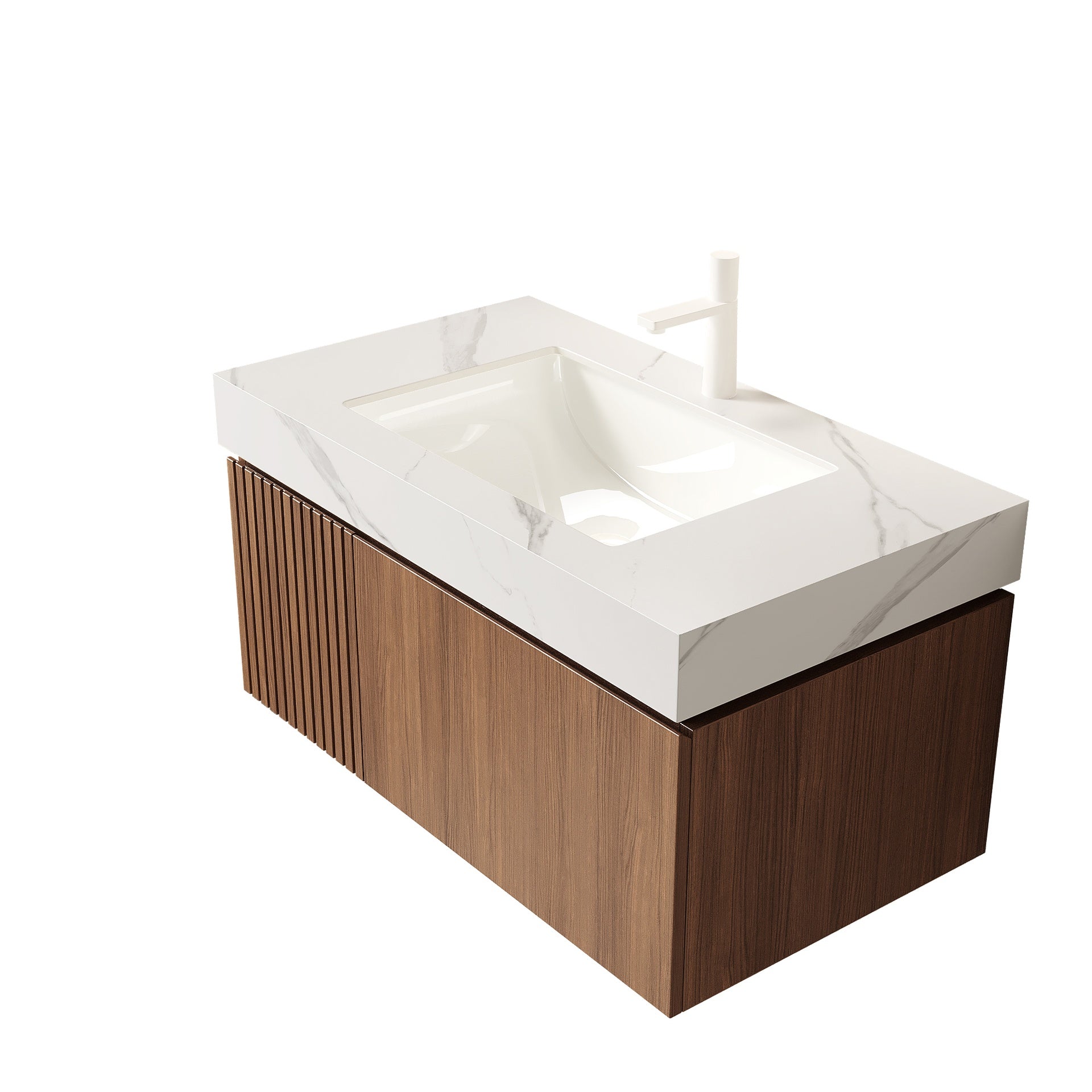 MURI 36" Bathroom Vanity&Sink, Floating Plywood Storage Cabinet with Drawer&Door, Carrara White Sintered Stone Top&Ceramic Basin with 1 Pre-drilled Faucet Hole, Pre-assembled, Brown Oak Woodgrain