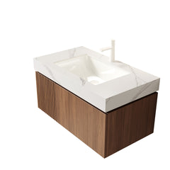 MURI 36" Bathroom Vanity&Sink, Floating Plywood Storage Cabinet with Drawer&Door, Carrara White Sintered Stone Top&Ceramic Basin with 1 Pre-drilled Faucet Hole, Pre-assembled, Brown Oak Woodgrain