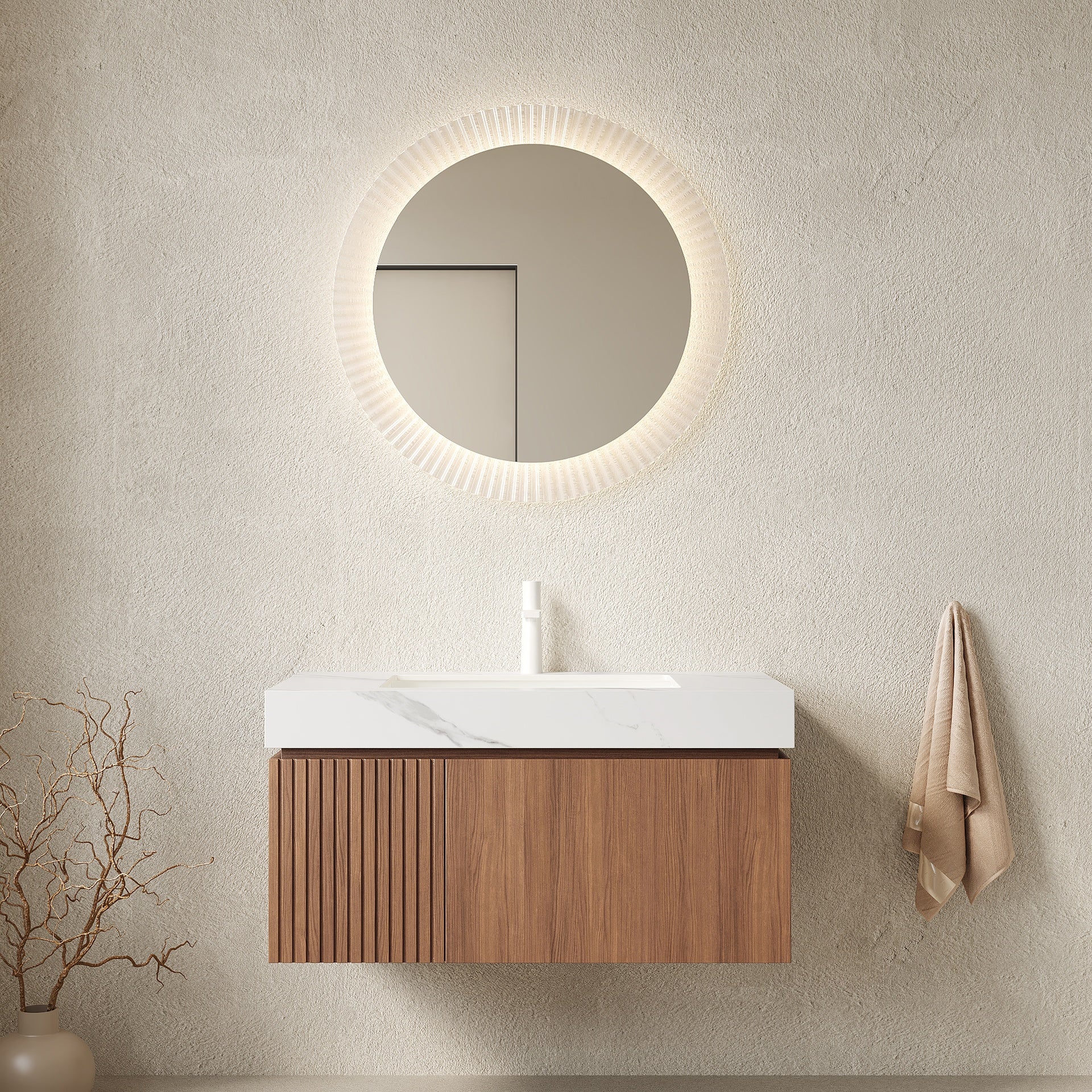 MURI 36" Bathroom Vanity&Sink, Floating Plywood Storage Cabinet with Drawer&Door, Carrara White Sintered Stone Top&Ceramic Basin with 1 Pre-drilled Faucet Hole, Pre-assembled, Brown Oak Woodgrain