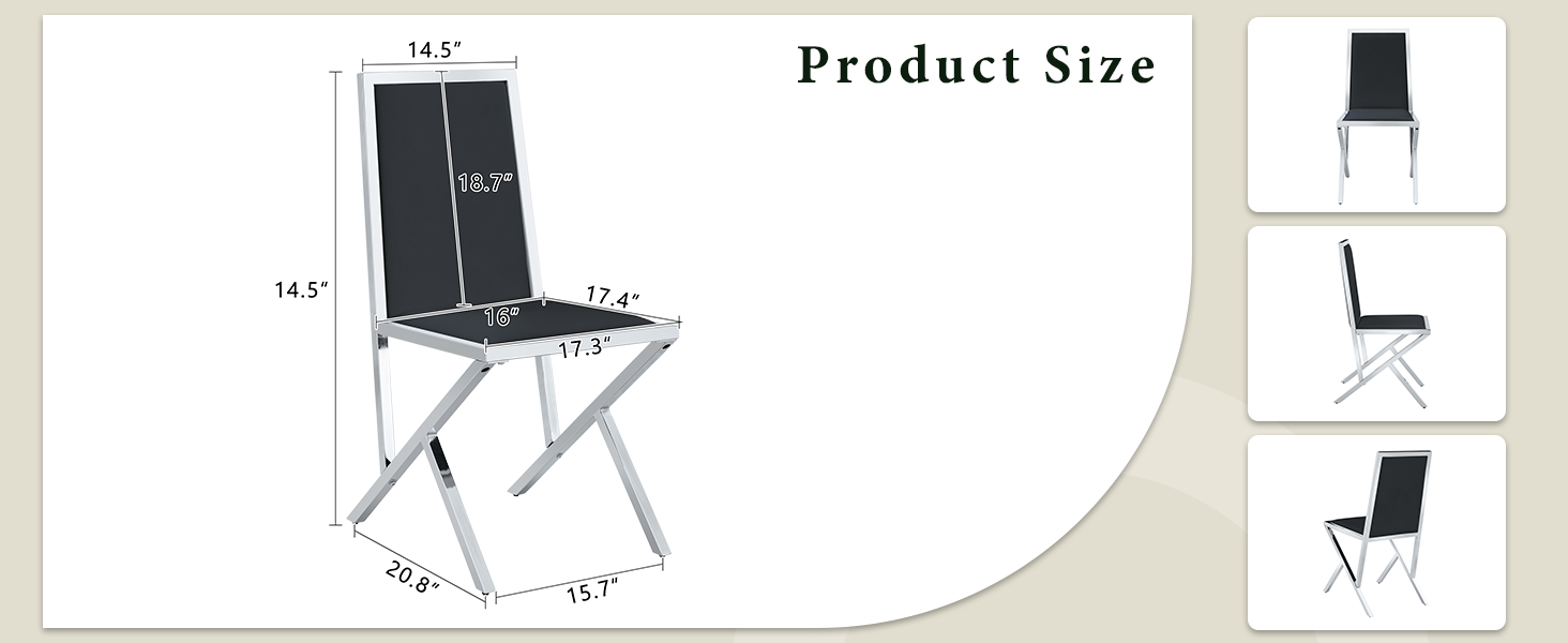 2-pack silver metal framed BLACK PU dining chairs: ergonomic design, a simple and luxurious choice.Featuring uniquely designed silver metal legs.