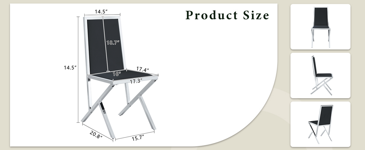 2-pack silver metal framed BLACK PU dining chairs: ergonomic design, a simple and luxurious choice.Featuring uniquely designed silver metal legs.
