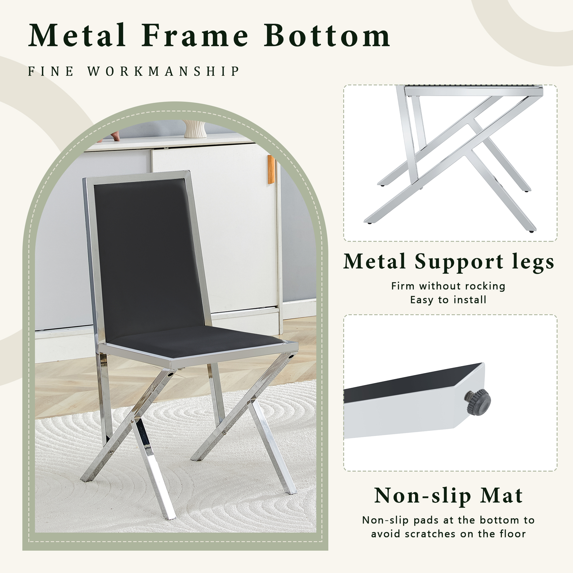 2-pack silver metal framed BLACK PU dining chairs: ergonomic design, a simple and luxurious choice.Featuring uniquely designed silver metal legs.