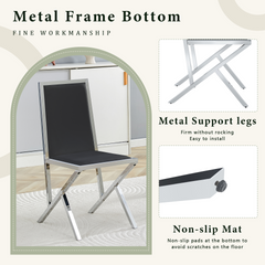 2-pack silver metal framed BLACK PU dining chairs: ergonomic design, a simple and luxurious choice.Featuring uniquely designed silver metal legs.