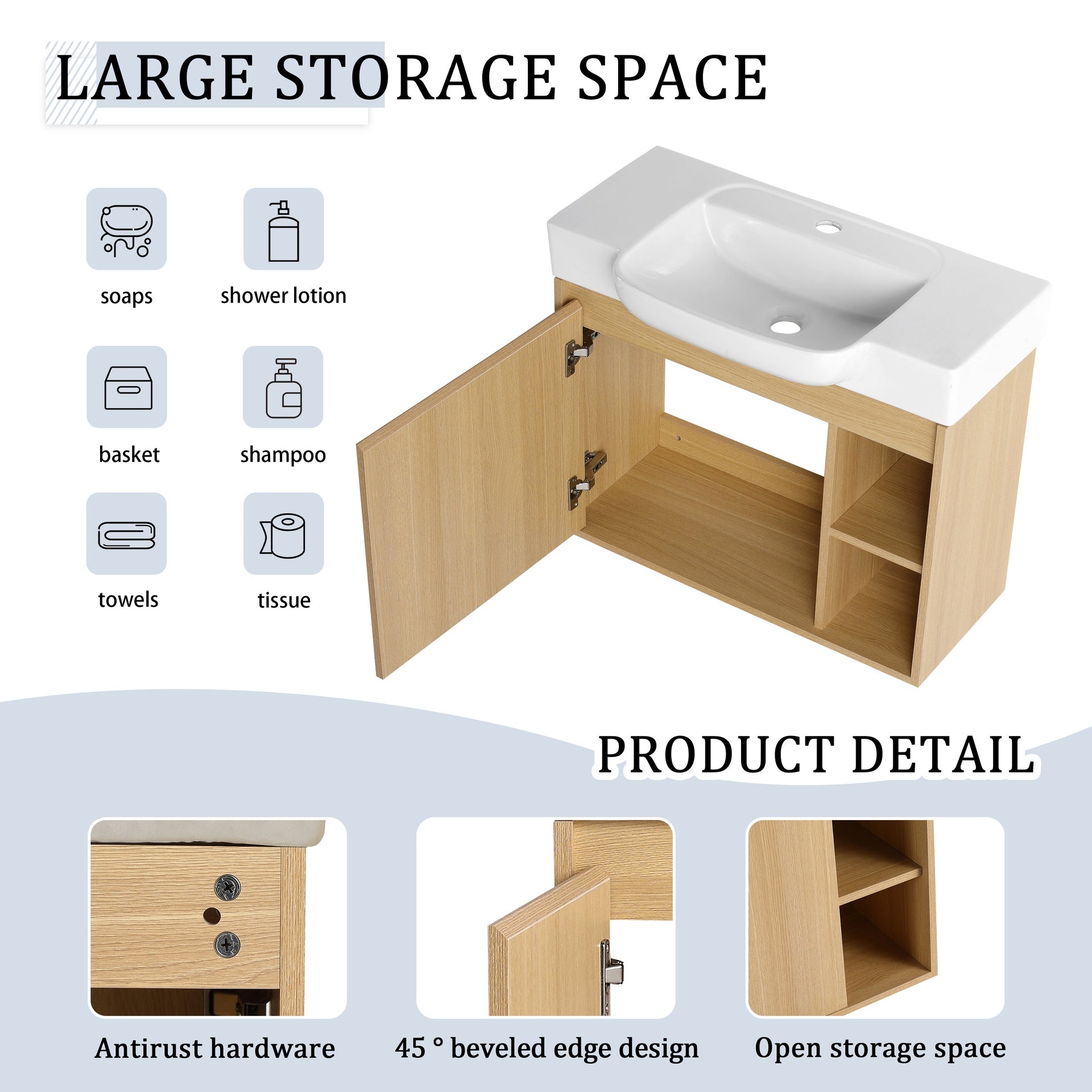 28'' Wall-Mounted Bathroom Vanity with White Ceramic Sink & Soft-Close Door, KD-Packing, Light Oak