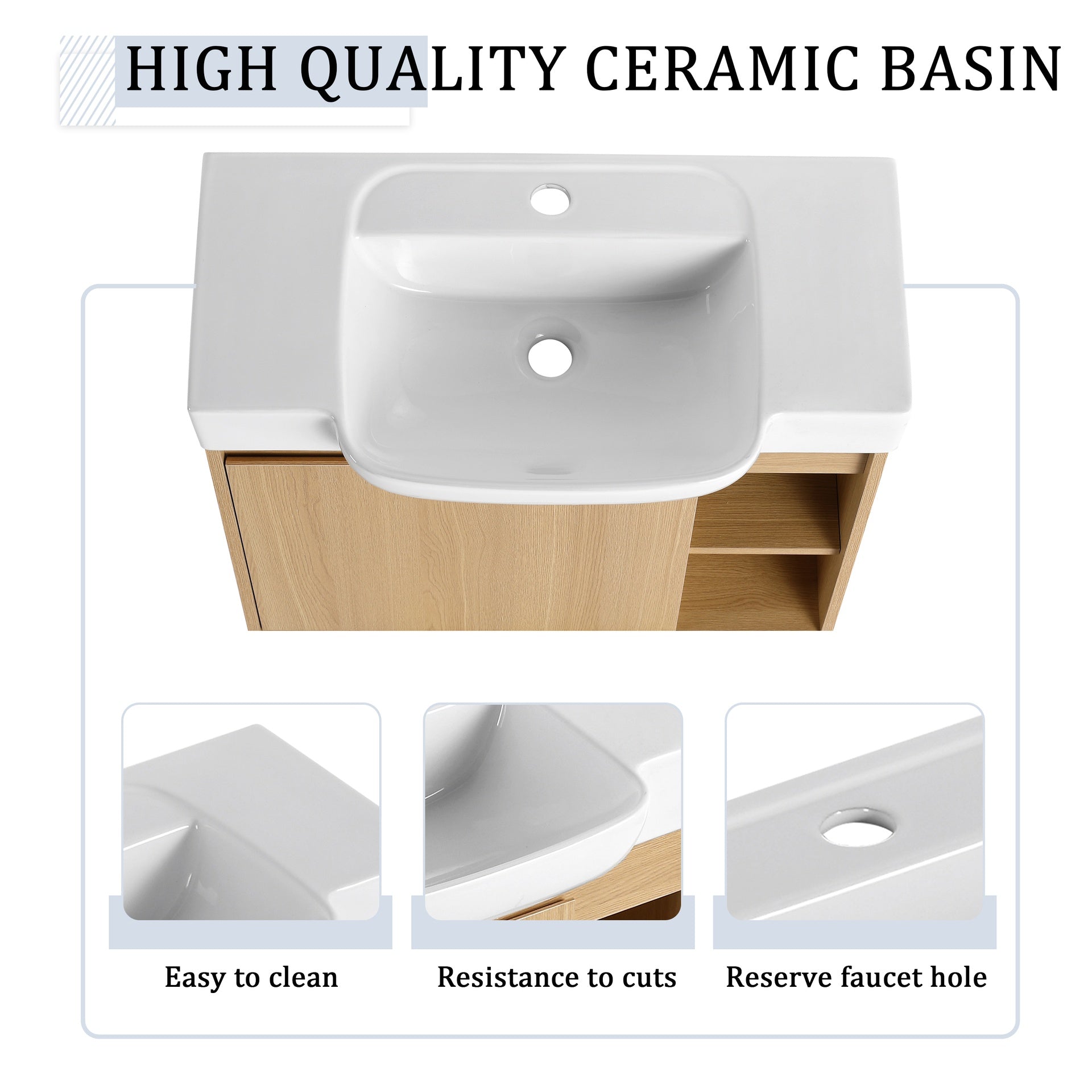28'' Wall-Mounted Bathroom Vanity with White Ceramic Sink & Soft-Close Door, KD-Packing, Light Oak