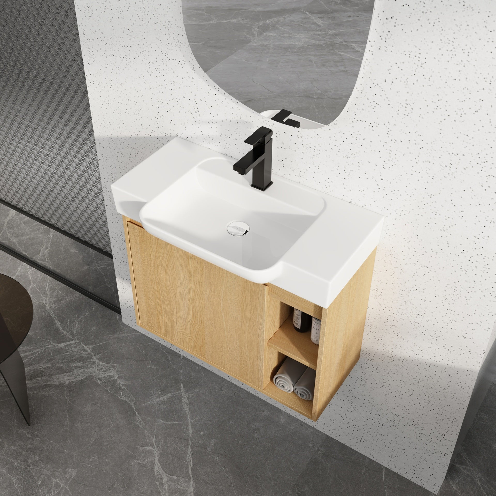 28'' Wall-Mounted Bathroom Vanity with White Ceramic Sink & Soft-Close Door, KD-Packing, Light Oak
