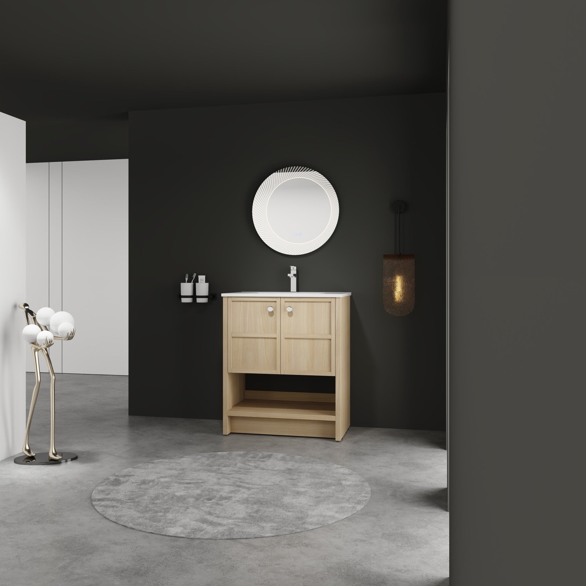30" Freestanding Bathroom Vanity whit Ceramic Sink, 2-Soft Closing Door, Oak, Plywood