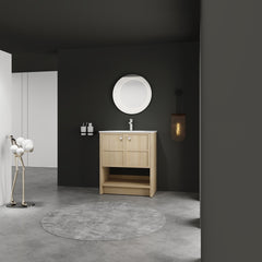 30" Freestanding Bathroom Vanity whit Ceramic Sink, 2-Soft Closing Door, Oak, Plywood