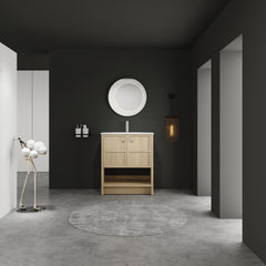 30" Freestanding Bathroom Vanity whit Ceramic Sink, 2-Soft Closing Door, Oak, Plywood