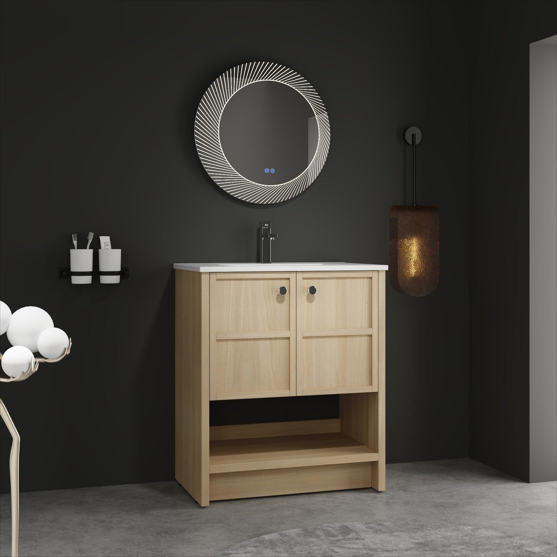 30" Freestanding Bathroom Vanity whit Ceramic Sink, 2-Soft Closing Door, Oak, Plywood