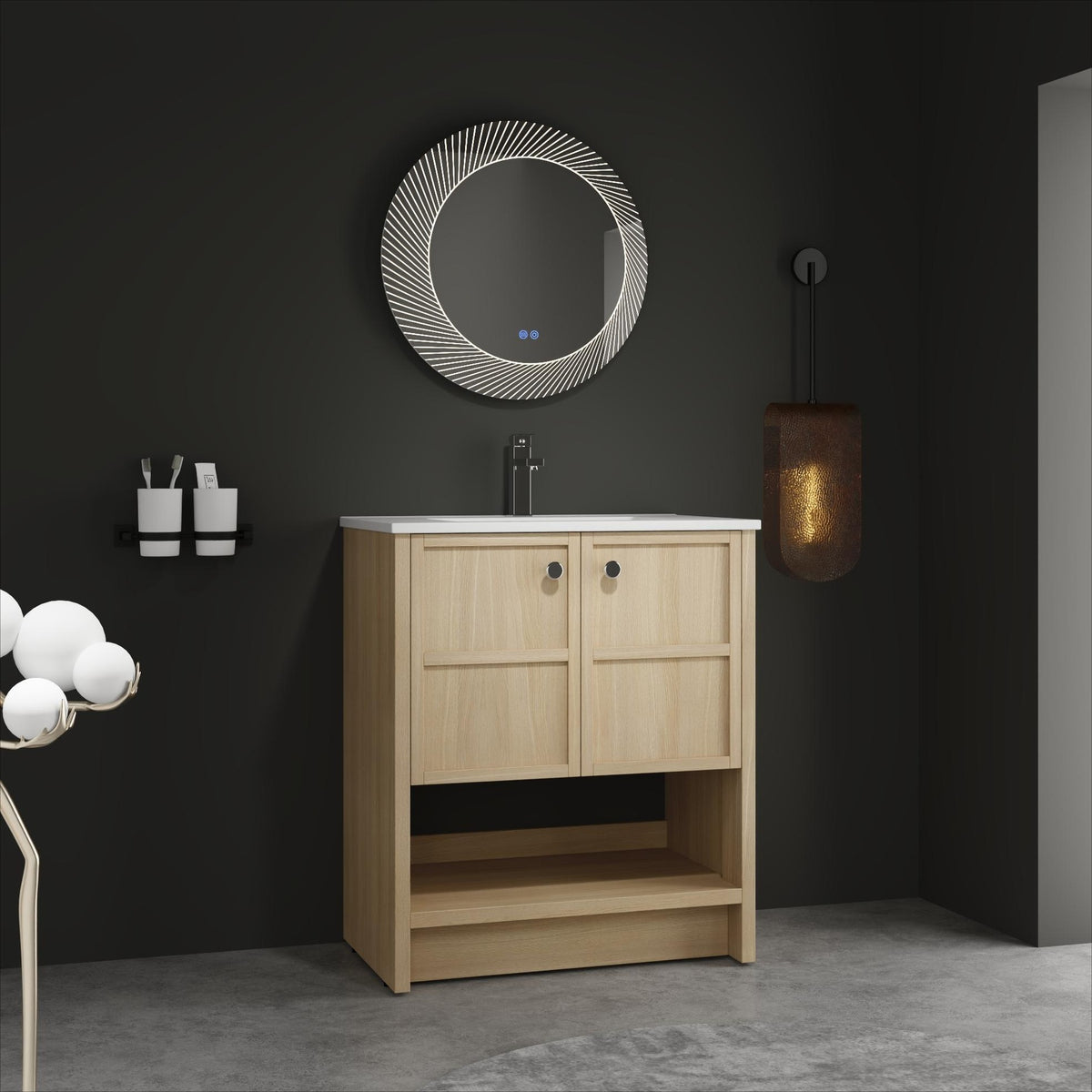 30" Freestanding Bathroom Vanity whit Ceramic Sink, 2-Soft Closing Door, Oak, Plywood