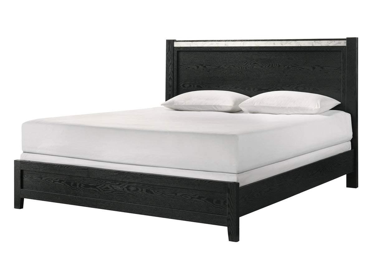 1pc Black King Size Panel Bed Contemporary Style Faux Marble Accents Bedroom Furniture