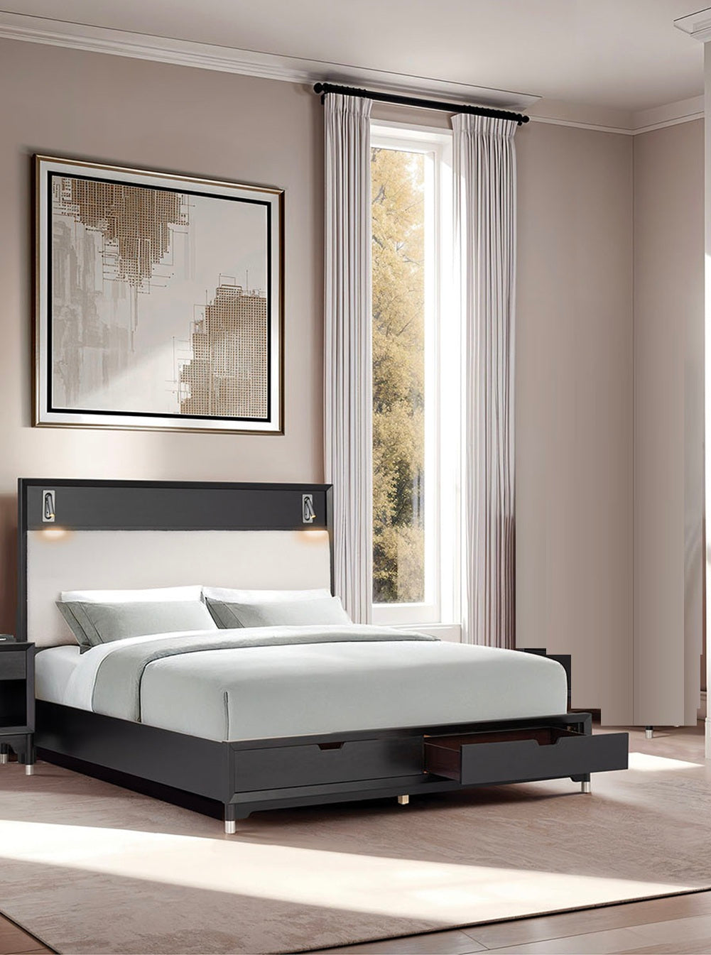 Mid-Century Modern 1pc Queen Size Bed w Storage Drawers Black Solid wood Upholstered HB Reading Light Bedroom Furniture