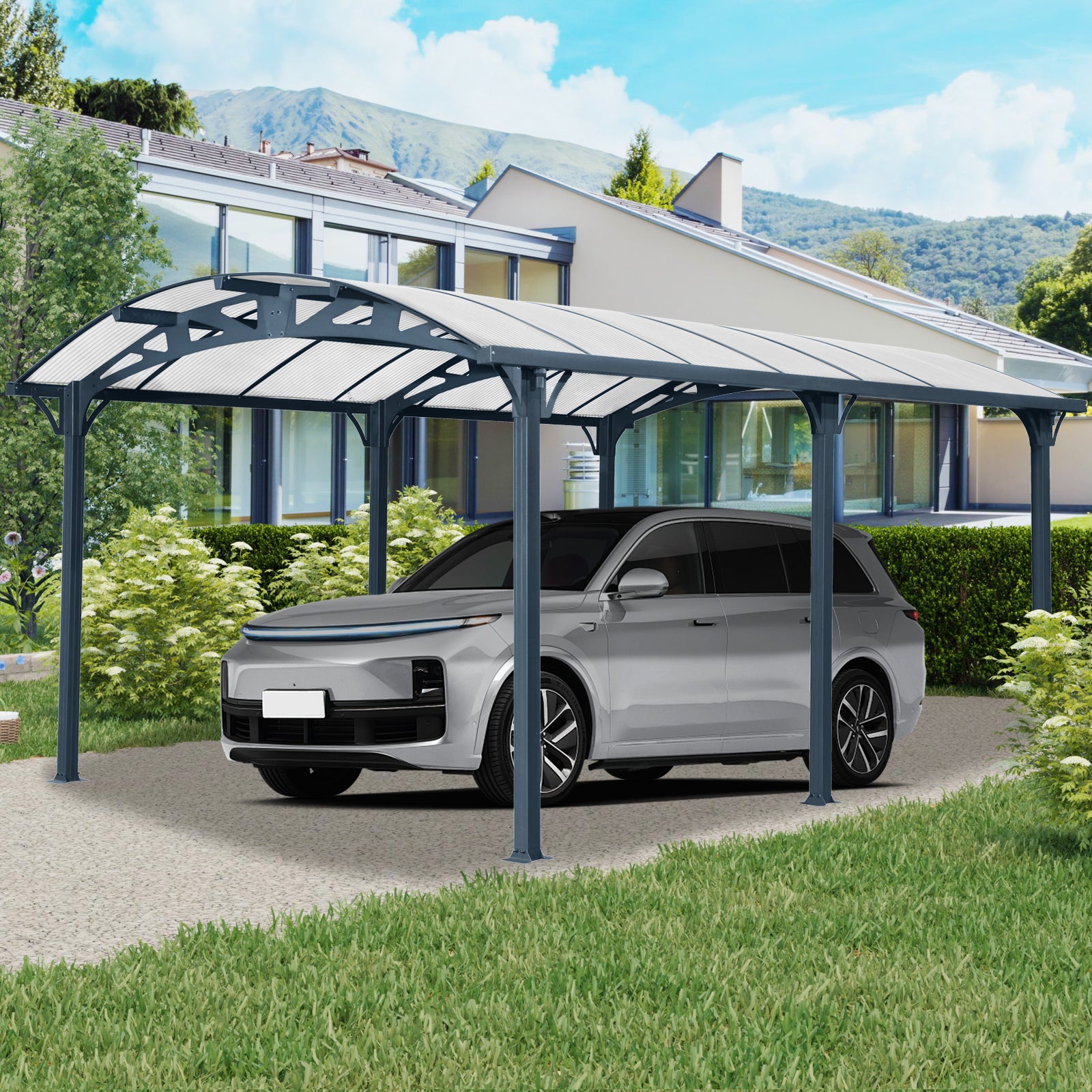 Outdoor Carport, 12 FT * 16 FT* 8 FT Arch Carport with Aluminum Frame and Polycarbonate Panels Car Port for Outdoor Driveway Car, Truck