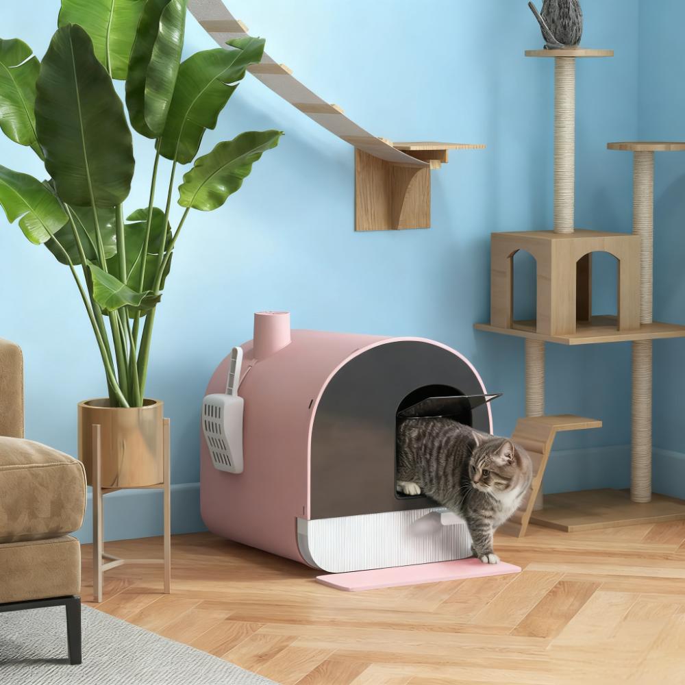 Pink  Cat Litter Box with Lid with Scoop and Filter