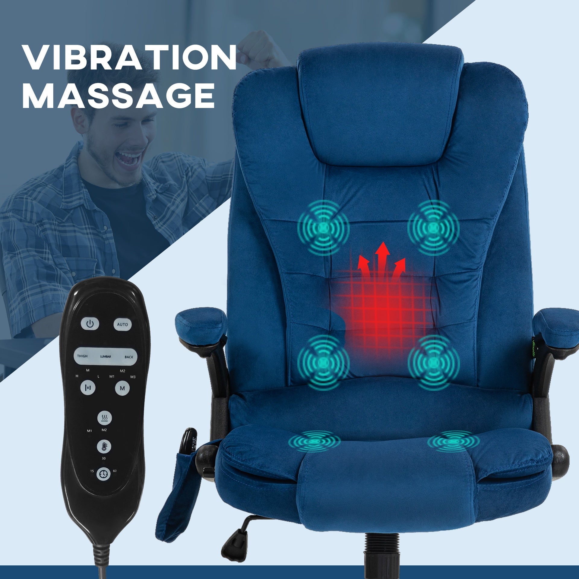 Velvet High Back Vibrating Massage Office Chair, Drak Blue