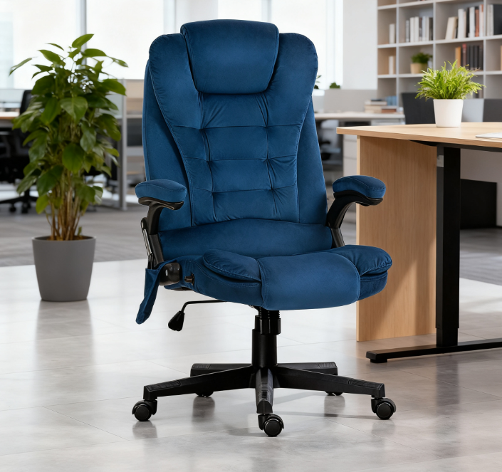 Velvet High Back Vibrating Massage Office Chair, Drak Blue