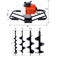 2.7HP Post Hole Digger 63cc two person handle Gas-Powered 2-Stroke Auger Digging Drill Shaft Size 3/4" (Machine Only)EPA COMPLAINT With L4"+L8"+L10"+L12" DRILL BITS