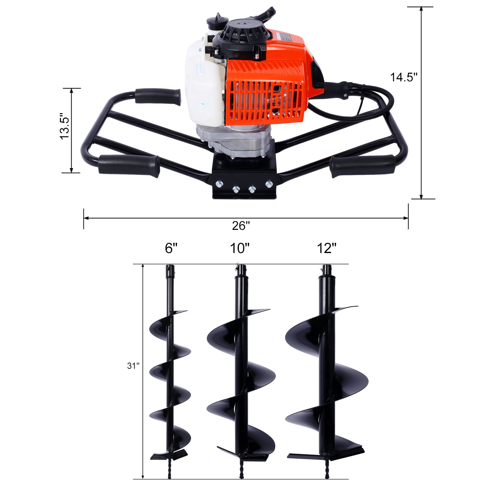 2.7HP Post Hole Digger 63cc two person handle Gas-Powered 2-Stroke Auger Digging Drill Shaft Size 3/4" (Machine Only)EPA COMPLAINT With L6"+L10"+L12" DRILL BITS