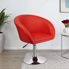 Adjustable Faux Leather Swivel Barrel Chair for Dining Room, Kitchen, Chrome Finish Metal Coffee Chair in Red Upholstery