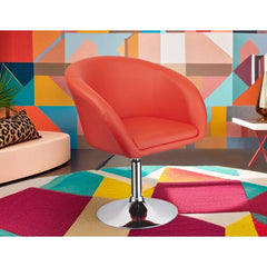 Adjustable Faux Leather Swivel Barrel Chair for Dining Room, Kitchen, Chrome Finish Metal Coffee Chair in Red Upholstery