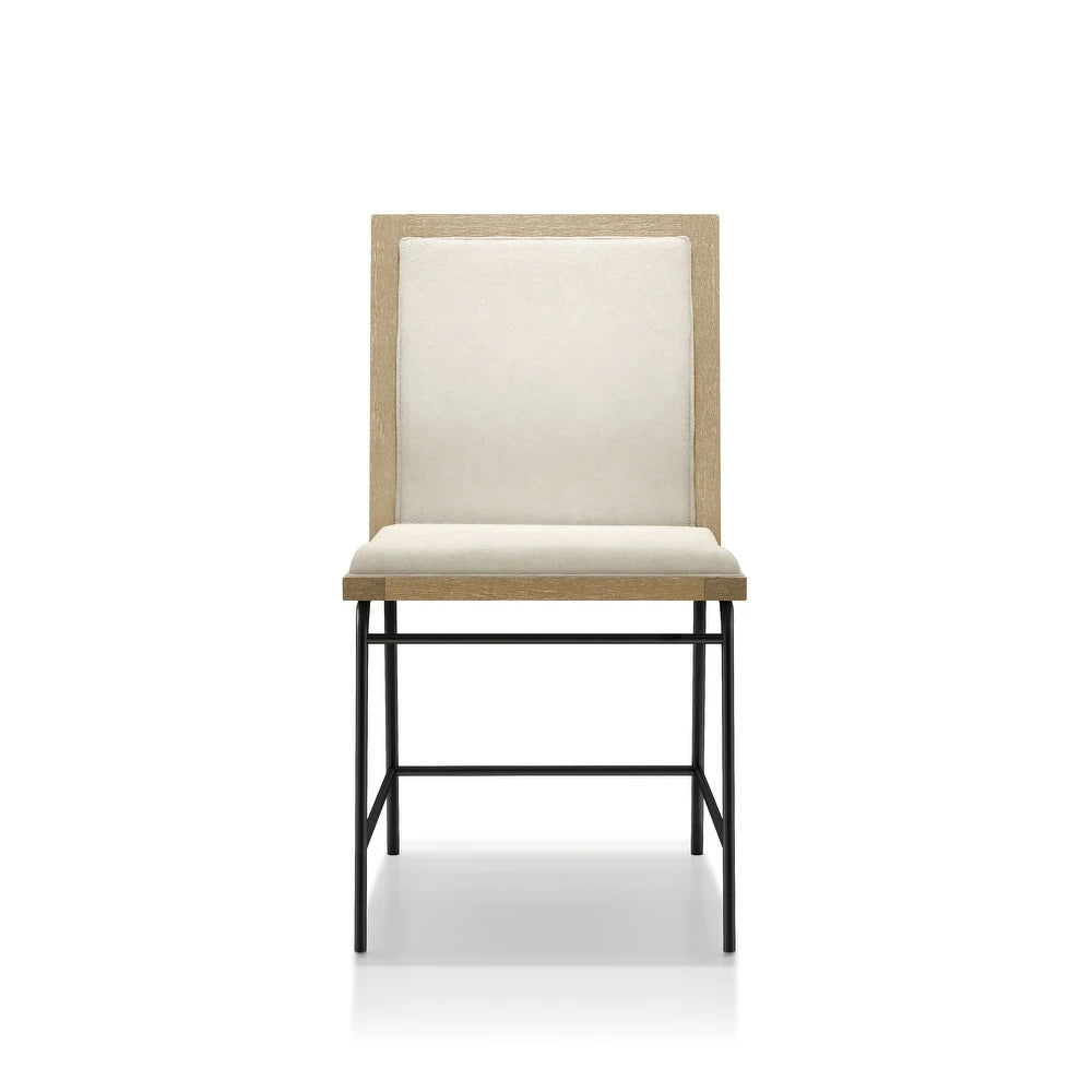 Contemporary Dining Chair Set of 2, Oak Wood Kitchen Side Chairs, Black Metal Legs, Upholstered Chairs, Beige