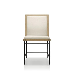 Contemporary Dining Chair Set of 2, Oak Wood Kitchen Side Chairs, Black Metal Legs, Upholstered Chairs, Beige