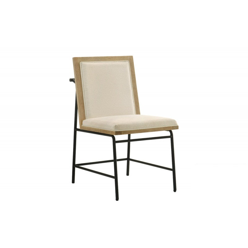 Contemporary Dining Chair Set of 2, Oak Wood Kitchen Side Chairs, Black Metal Legs, Upholstered Chairs, Beige