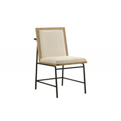 Contemporary Dining Chair Set of 2, Oak Wood Kitchen Side Chairs, Black Metal Legs, Upholstered Chairs, Beige