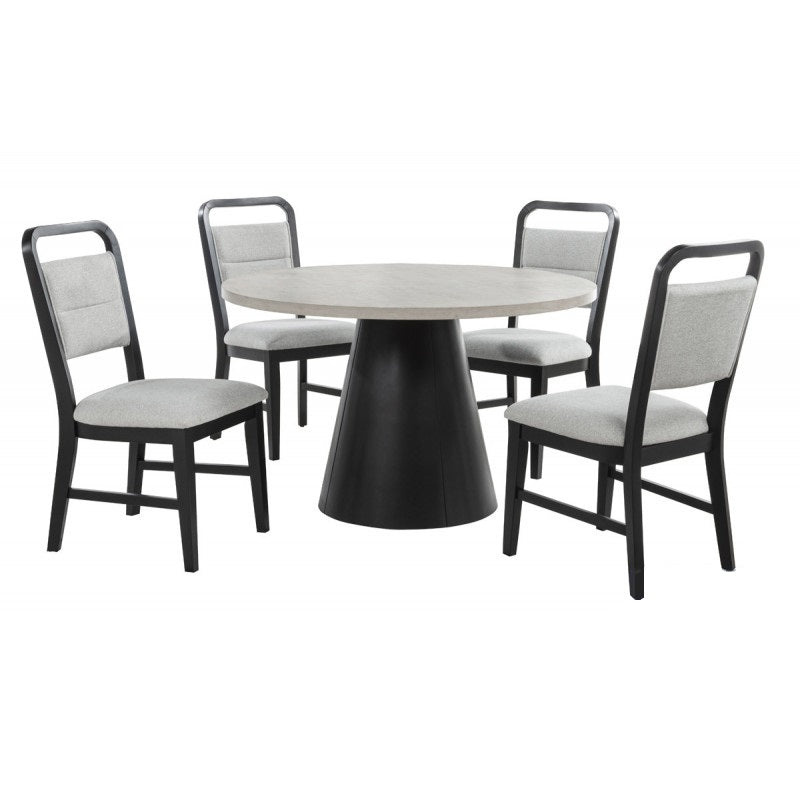 Contemporary Dining Room 5 Piece Set Solid Wood Round Dining Table with 4 Upholstered Side Chairs, Gray/Black