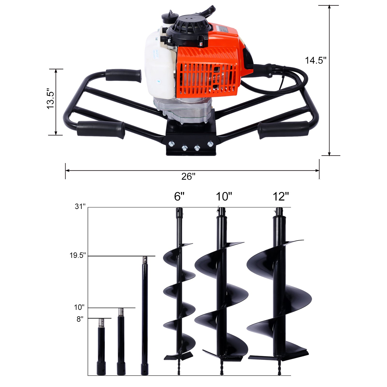 2.7HP Post Hole Digger 63cc two person handle Gas-Powered 2-Stroke Auger Digging Drill Shaft Size 3/4" (Machine Only)EPA COMPLAINT With  L6"+L10"+L12" DRILL BITS+EXT ROD KITS
