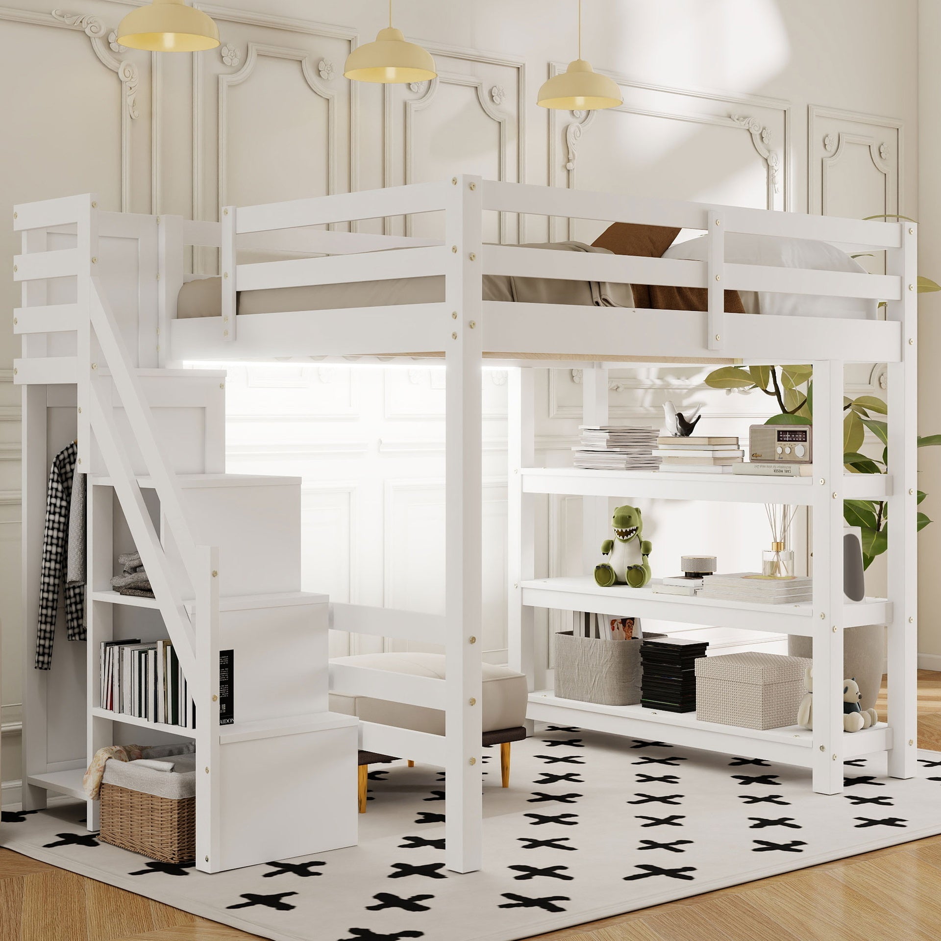 Full Size Loft Bed with Shelves, Storage Staircase, Small Wardrobe and White LED Light, White(Old SKU:N7090000472K, ETA:3.25)