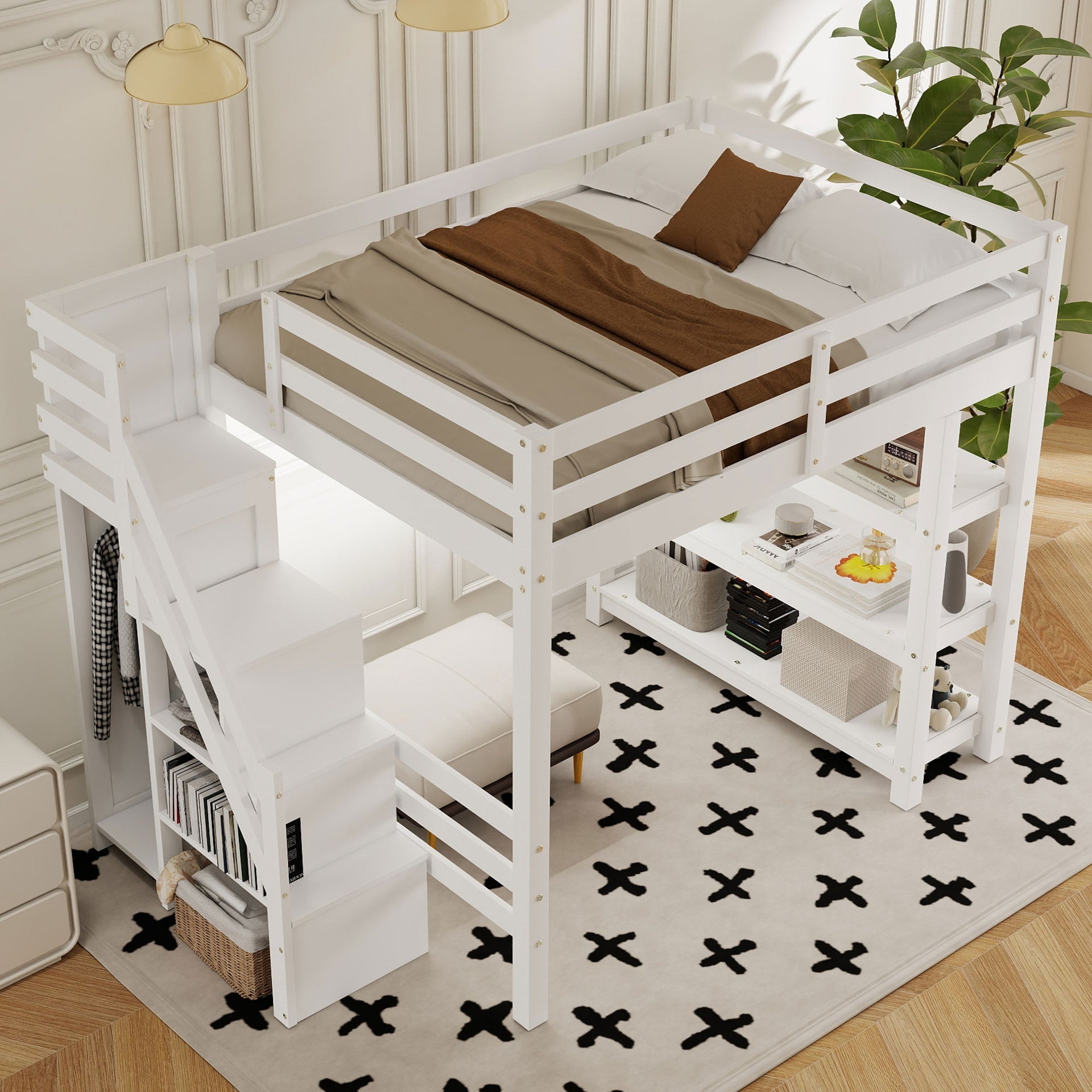 Full Size Loft Bed with Shelves, Storage Staircase, Small Wardrobe and White LED Light, White(Old SKU:N7090000472K, ETA:3.25)