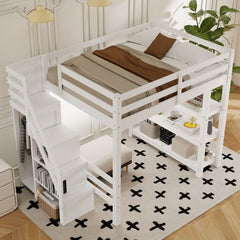 Full Size Loft Bed with Shelves, Storage Staircase, Small Wardrobe and White LED Light, White(Old SKU:N7090000472K, ETA:3.25)