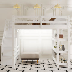 Full Size Loft Bed with Shelves, Storage Staircase, Small Wardrobe and White LED Light, White(Old SKU:N7090000472K, ETA:3.25)