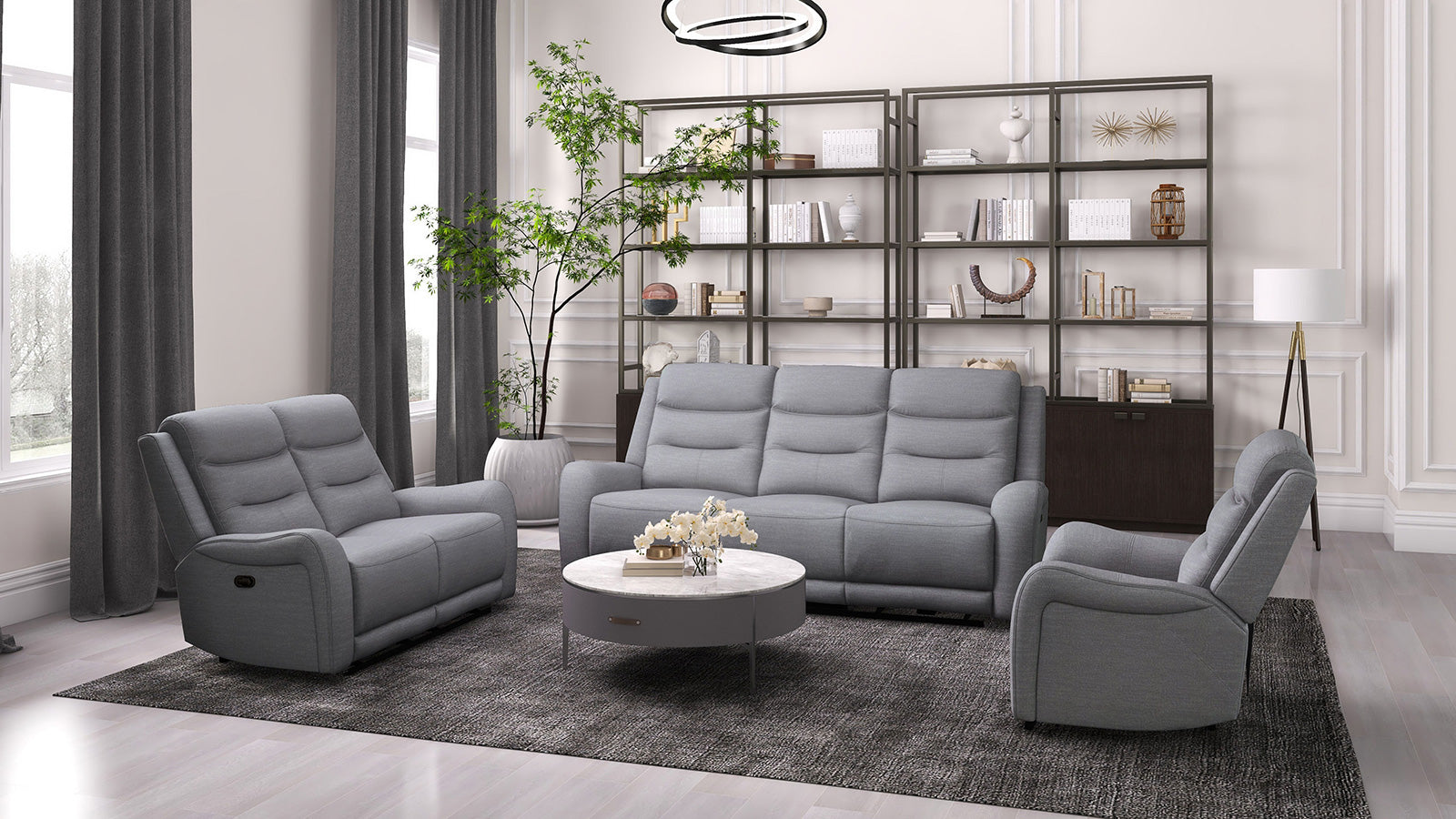 High Density Foam Seat Manual Recliner Modern scroll Arms Welt Trim Wide Seat Transitional Gray Finish Primary Living Room