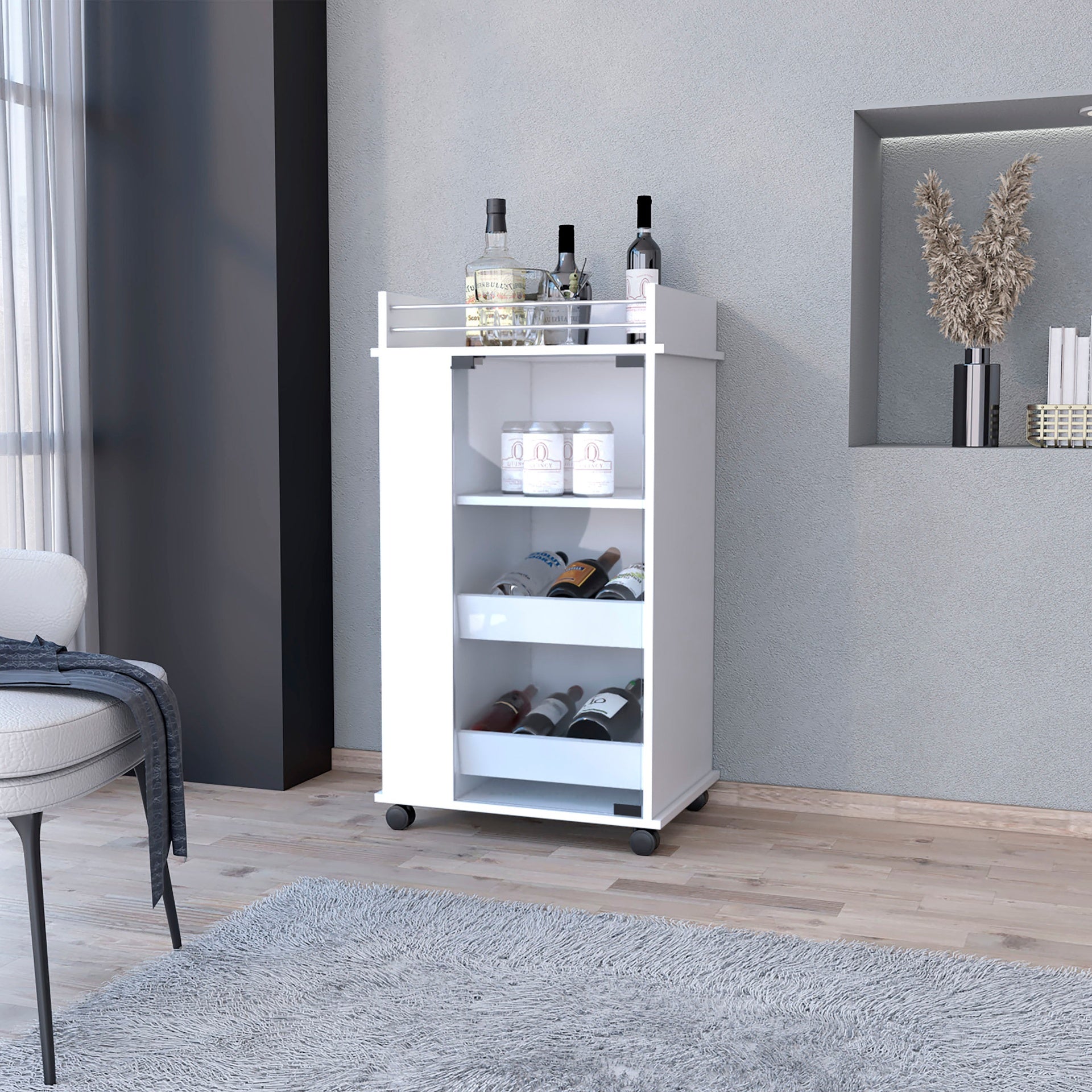 Willow Park Glass Door Bar Cart with Bottle Holder and Casters White