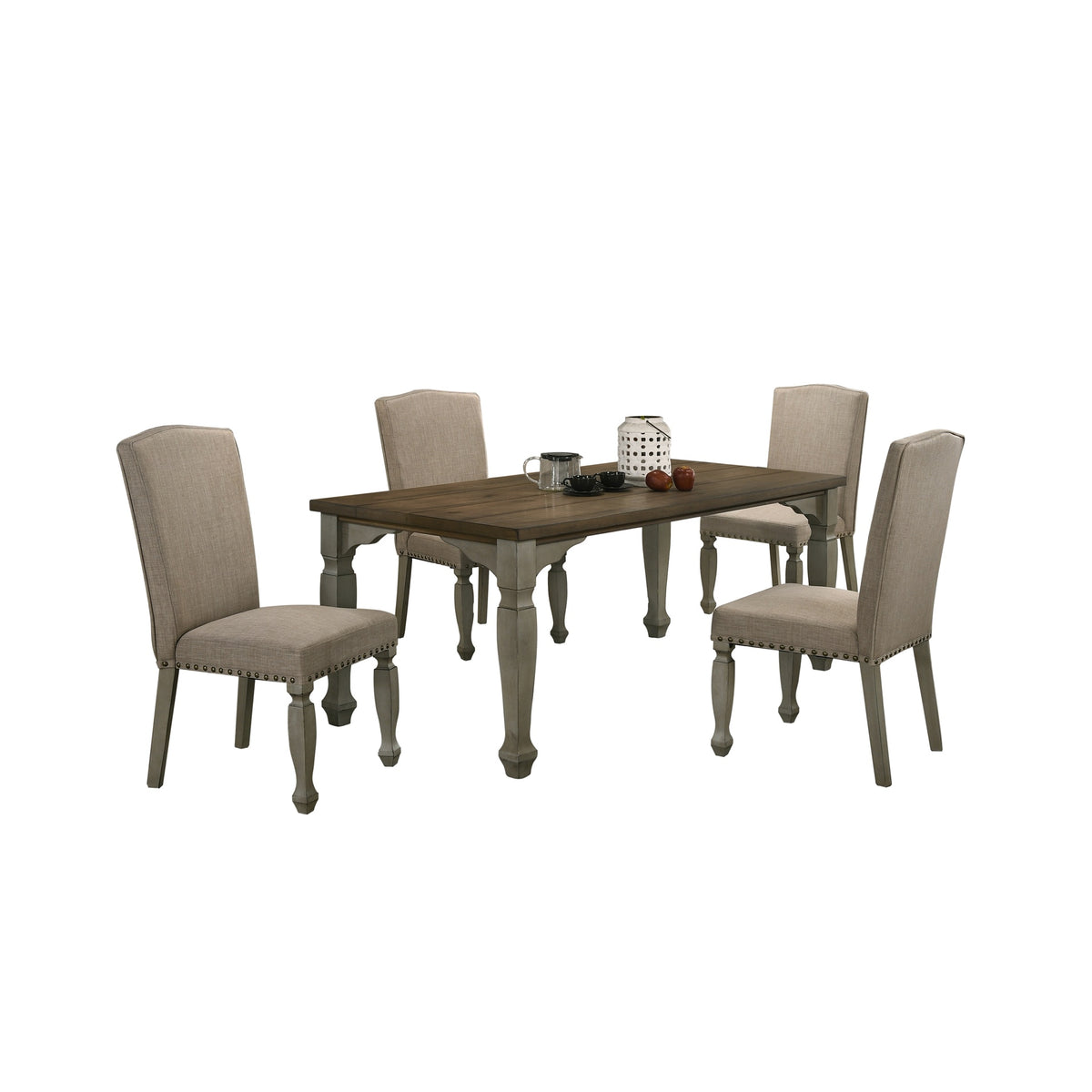 Breda Antique Gray and Dark Oak Finished Wood Dining Set, Table with Four Chairs