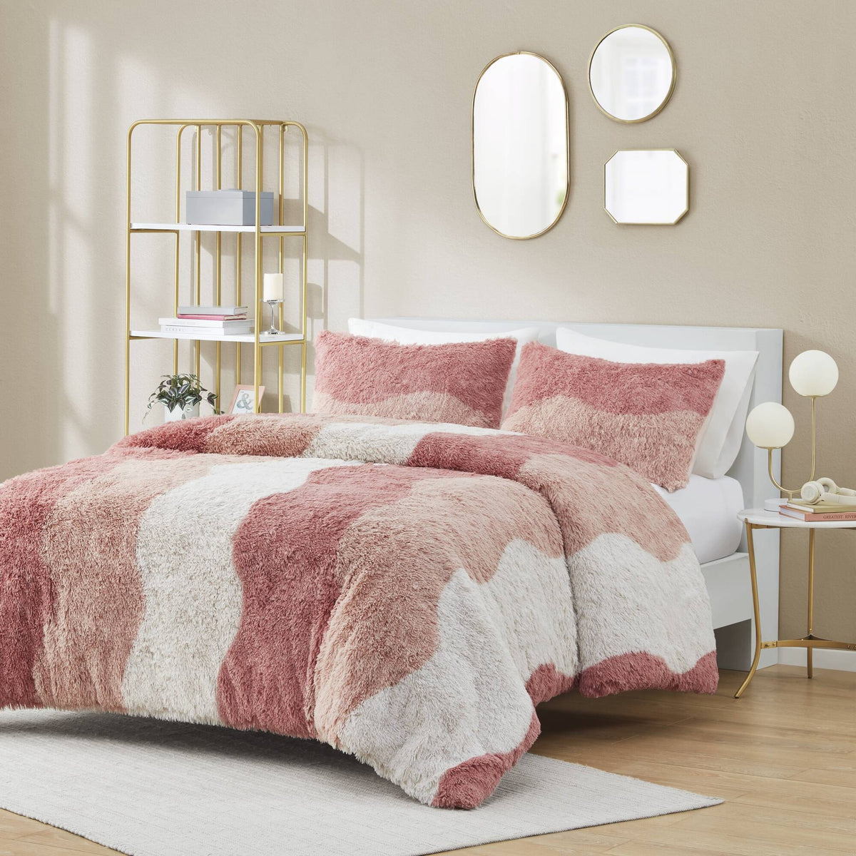 2 PCS Twin/Twin XL Ombre Shaggy Faux Fur Duvet Cover Set Blush Multi