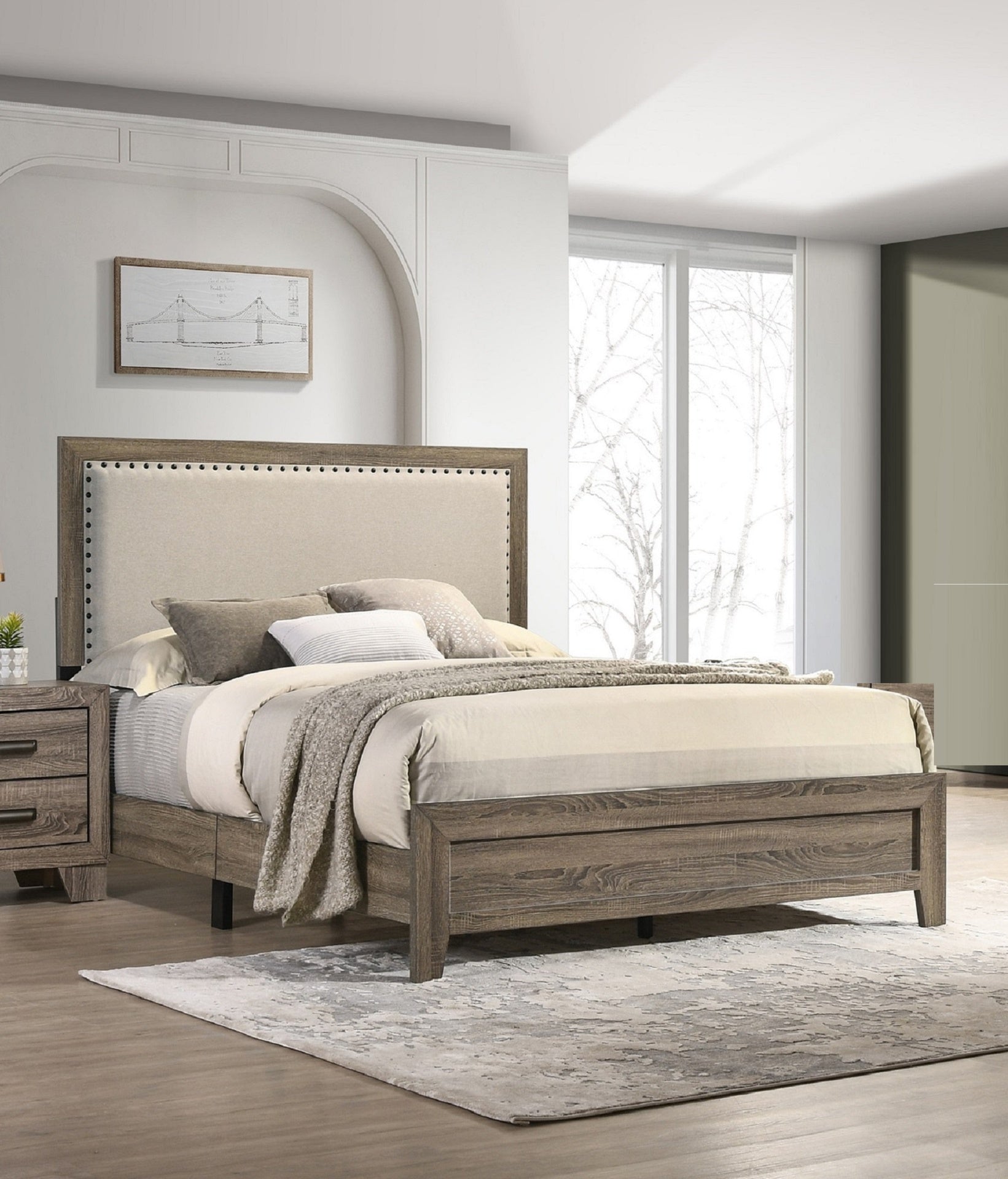 Grey Finish Fabric Upholstered Headboard Tufted Nailhead Trim 1pc Twin Size Youth Kids Panel Bed Beautiful Wooden Bedroom Furniture
