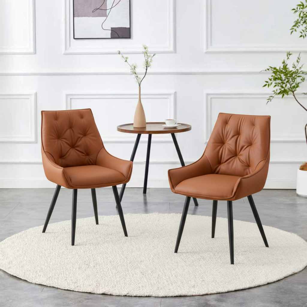 Dining Chairs Set of 2, Camel Faux Leather Dining Room Chair, Metal Kitchen Chairs with Gold Mesh Texture and Black Sanded Legs, Flat Back Upholstered Chair (Camel, Set of 2)